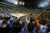 Finnish fans cheering for their team during FIBA European basketball championships 2013 match of second round between Finland and Slovenia. Match between Finland and Slovenia was played on Monday, 16th of September 2013 in Stozice arena in Ljubljana, Slovenia.

