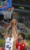 Jonas Maciulis (no.8) of Lithuania (L) shooting over Luksa Andric (no.5) of Croatia (R) during FIBA European basketball championships 2013 half final match between Croatia and Lithuania. Half final match of FIBA European basketball championships 2013 between Croatia and Lithuania was played on Friday, 20th of September 2013 in Stozice arena in Ljubljana, Slovenia.
