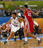 Linas Kleiza (no.11) of Lithuania (L) attacking next to Damir Markota (no.12) of Croatia (R) during FIBA European basketball championships 2013 half final match between Croatia and Lithuania. Half final match of FIBA European basketball championships 2013 between Croatia and Lithuania was played on Friday, 20th of September 2013 in Stozice arena in Ljubljana, Slovenia.
