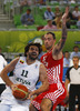 Linas Kleiza (no.11) of Lithuania (L) attacking next to Damir Markota (no.12) of Croatia (R) during FIBA European basketball championships 2013 half final match between Croatia and Lithuania. Half final match of FIBA European basketball championships 2013 between Croatia and Lithuania was played on Friday, 20th of September 2013 in Stozice arena in Ljubljana, Slovenia.
