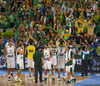 Lithuanian players celebrate their victory in front of their fans after end of the FIBA European basketball championships 2013 half final match between Croatia and Lithuania. Half final match of FIBA European basketball championships 2013 between Croatia and Lithuania was played on Friday, 20th of September 2013 in Stozice arena in Ljubljana, Slovenia.
