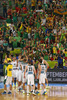 Lithuanian players celebrate their victory in front of their fans after end of the FIBA European basketball championships 2013 half final match between Croatia and Lithuania. Half final match of FIBA European basketball championships 2013 between Croatia and Lithuania was played on Friday, 20th of September 2013 in Stozice arena in Ljubljana, Slovenia.
