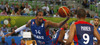 Alexis Ajinca (no.14) of France (L) jumping for rebound ball during FIBA European basketball championships 2013 half final match between France and Spain. Half final match of FIBA European basketball championships 2013 between France and Spain was played on Friday, 20th of September 2013 in Stozice arena in Ljubljana, Slovenia.
