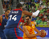 Jose Calderon (no.8) of Spain (R) between Alexis Ajinca (no.14) of France (M) and Nicolas Batum (no.5) of France (L) during FIBA European basketball championships 2013 half final match between France and Spain. Half final match of FIBA European basketball championships 2013 between France and Spain was played on Friday, 20th of September 2013 in Stozice arena in Ljubljana, Slovenia.
