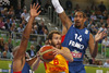Sergio Rodriguez (no.6) of Spain (M) between Boris Diaw (no.13) of France (L) and Alexis Ajinca (no.14) of France (R) during FIBA European basketball championships 2013 half final match between France and Spain. Half final match of FIBA European basketball championships 2013 between France and Spain was played on Friday, 20th of September 2013 in Stozice arena in Ljubljana, Slovenia.
