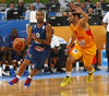 Tony Parker (no.9) of France (L) and Jose Calderon (no.8) of Spain (R) during FIBA European basketball championships 2013 half final match between France and Spain. Half final match of FIBA European basketball championships 2013 between France and Spain was played on Friday, 20th of September 2013 in Stozice arena in Ljubljana, Slovenia.
