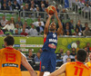 Tony Parker (no.9) of France (M) shooting over Marc Gasol (no.13) of Spain (L) and Fernando San Emeterio (no.11) of Spain (R) during FIBA European basketball championships 2013 half final match between France and Spain. Half final match of FIBA European basketball championships 2013 between France and Spain was played on Friday, 20th of September 2013 in Stozice arena in Ljubljana, Slovenia.
