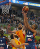 Tony Parker (no.9) of France (R) shooting while Marc Gasol (no.13) of Spain (M) is trying to block him during FIBA European basketball championships 2013 half final match between France and Spain. Half final match of FIBA European basketball championships 2013 between France and Spain was played on Friday, 20th of September 2013 in Stozice arena in Ljubljana, Slovenia.
