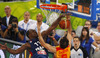 Jose Calderon (no.8) of Spain (R) trying to score, while Florent Pietrus (no.11) of France (L) blocking his shoot during FIBA European basketball championships 2013 half final match between France and Spain. Half final match of FIBA European basketball championships 2013 between France and Spain was played on Friday, 20th of September 2013 in Stozice arena in Ljubljana, Slovenia.
