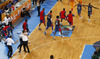French players celebrate their victory after end of the FIBA European basketball championships 2013 half final match between France and Spain. Half final match of FIBA European basketball championships 2013 between France and Spain was played on Friday, 20th of September 2013 in Stozice arena in Ljubljana, Slovenia.
