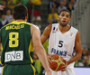 Nicolas Batum (no.5) of France (R) and Jonas Maciulis (no.8) of Lithuania (L) during FIBA European basketball championships 2013 final match between France and Lithuania. Final match of FIBA European basketball championships 2013 between France and Lithuania was played on Sunday, 22nd of September 2013 in Stozice arena in Ljubljana, Slovenia.
