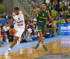 Nicolas Batum (no.5) of France (L) and Mantas Kalnietis (no.5) of Lithuania (R) during FIBA European basketball championships 2013 final match between France and Lithuania. Final match of FIBA European basketball championships 2013 between France and Lithuania was played on Sunday, 22nd of September 2013 in Stozice arena in Ljubljana, Slovenia.
