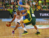 Tony Parker (no.9) of France (L) and Renaldas Seibutis (no.10) of Lithuania (R) during FIBA European basketball championships 2013 final match between France and Lithuania. Final match of FIBA European basketball championships 2013 between France and Lithuania was played on Sunday, 22nd of September 2013 in Stozice arena in Ljubljana, Slovenia.

