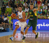 Antoine Diot (no.6) of France (L) and Renaldas Seibutis (no.10) of Lithuania (R) during FIBA European basketball championships 2013 final match between France and Lithuania. Final match of FIBA European basketball championships 2013 between France and Lithuania was played on Sunday, 22nd of September 2013 in Stozice arena in Ljubljana, Slovenia.
