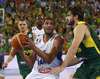 Nicolas Batum (no.5) of France (L) and Linas Kleiza (no.11) of Lithuania (R) during FIBA European basketball championships 2013 final match between France and Lithuania. Final match of FIBA European basketball championships 2013 between France and Lithuania was played on Sunday, 22nd of September 2013 in Stozice arena in Ljubljana, Slovenia.
