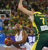 Tony Parker (no.9) of France (L) against Darjus Lavrinovic (no.7) of Lithuania (R) during FIBA European basketball championships 2013 final match between France and Lithuania. Final match of FIBA European basketball championships 2013 between France and Lithuania was played on Sunday, 22nd of September 2013 in Stozice arena in Ljubljana, Slovenia.
