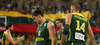 Jonas Valanciunas (no.14) of Lithuania (R), Mantas Kalnietis (no.5) of Lithuania (M) and Jonas Maciulis (no.8) of Lithuania (L) during FIBA European basketball championships 2013 final match between France and Lithuania. Final match of FIBA European basketball championships 2013 between France and Lithuania was played on Sunday, 22nd of September 2013 in Stozice arena in Ljubljana, Slovenia.
