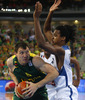 Mindaugas Kuzminskas (no.6) of Lithuania (L) and Mickael Gelabale (no.15) of France (R) during FIBA European basketball championships 2013 final match between France and Lithuania. Final match of FIBA European basketball championships 2013 between France and Lithuania was played on Sunday, 22nd of September 2013 in Stozice arena in Ljubljana, Slovenia.
