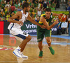 Mantas Kalnietis (no.5) of Lithuania (M) and Nicolas Batum (no.5) of France (L) during FIBA European basketball championships 2013 final match between France and Lithuania. Final match of FIBA European basketball championships 2013 between France and Lithuania was played on Sunday, 22nd of September 2013 in Stozice arena in Ljubljana, Slovenia.
