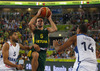 Mantas Kalnietis (no.5) of Lithuania (M) between Nicolas Batum (no.5) of France (L) and Alexis Ajinca (no.14) of France (R) during FIBA European basketball championships 2013 final match between France and Lithuania. Final match of FIBA European basketball championships 2013 between France and Lithuania was played on Sunday, 22nd of September 2013 in Stozice arena in Ljubljana, Slovenia.
