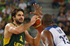 Linas Kleiza (no.11) of Lithuania (L) and Boris Diaw (no.13) of France (R) during FIBA European basketball championships 2013 final match between France and Lithuania. Final match of FIBA European basketball championships 2013 between France and Lithuania was played on Sunday, 22nd of September 2013 in Stozice arena in Ljubljana, Slovenia.
