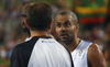 Tony Parker (no.9) of France in discussion with referee during FIBA European basketball championships 2013 final match between France and Lithuania. Final match of FIBA European basketball championships 2013 between France and Lithuania was played on Sunday, 22nd of September 2013 in Stozice arena in Ljubljana, Slovenia.

