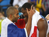 Tony Parker (no.9) of France (L) and Florent Pietrus (no.11) of France (R) celebrate their victory and European champions title after end of the FIBA European basketball championships 2013 final match between France and Lithuania. Final match of FIBA European basketball championships 2013 between France and Lithuania was played on Sunday, 22nd of September 2013 in Stozice arena in Ljubljana, Slovenia.
