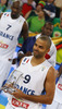 MVP of championships Tony Parker (no.9) of France celebrate his title and European champions title after end of the FIBA European basketball championships 2013 final match between France and Lithuania. Final match of FIBA European basketball championships 2013 between France and Lithuania was played on Sunday, 22nd of September 2013 in Stozice arena in Ljubljana, Slovenia.
