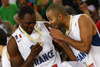 Florent Pietrus (no.11) of France (L) and Tony Parker (no.9) of France (R) celebrate their victory and European champions title after end of the FIBA European basketball championships 2013 final match between France and Lithuania. Final match of FIBA European basketball championships 2013 between France and Lithuania was played on Sunday, 22nd of September 2013 in Stozice arena in Ljubljana, Slovenia.
