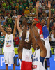 Florent Pietrus (no.11) of France (L) and Boris Diaw (no.13) of France (R) celebrate their victory and European champions title after end of the FIBA European basketball championships 2013 final match between France and Lithuania. Final match of FIBA European basketball championships 2013 between France and Lithuania was played on Sunday, 22nd of September 2013 in Stozice arena in Ljubljana, Slovenia.
