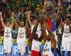 Florent Pietrus (no.11) of France (L) and Boris Diaw (no.13) of France (R) celebrate their victory and European champions title after end of the FIBA European basketball championships 2013 final match between France and Lithuania. Final match of FIBA European basketball championships 2013 between France and Lithuania was played on Sunday, 22nd of September 2013 in Stozice arena in Ljubljana, Slovenia.
