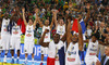 Florent Pietrus (no.11) of France (L) and Boris Diaw (no.13) of France (R) celebrate their victory and European champions title after end of the FIBA European basketball championships 2013 final match between France and Lithuania. Final match of FIBA European basketball championships 2013 between France and Lithuania was played on Sunday, 22nd of September 2013 in Stozice arena in Ljubljana, Slovenia.
