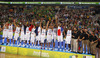 French players celebrate their victory and European champions title after end of the FIBA European basketball championships 2013 final match between France and Lithuania. Final match of FIBA European basketball championships 2013 between France and Lithuania was played on Sunday, 22nd of September 2013 in Stozice arena in Ljubljana, Slovenia.
