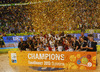 French players celebrate their victory and European champions title after end of the FIBA European basketball championships 2013 final match between France and Lithuania. Final match of FIBA European basketball championships 2013 between France and Lithuania was played on Sunday, 22nd of September 2013 in Stozice arena in Ljubljana, Slovenia.
