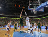 Robertas Javtokas (no.15) of Lithuania (L) shooting over Johan Petro (no.7) of France (R) during FIBA European basketball championships 2013 final match between France and Lithuania. Final match of FIBA European basketball championships 2013 between France and Lithuania was played on Sunday, 22nd of September 2013 in Stozice arena in Ljubljana, Slovenia.
