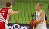 Sasu Salin (no.10) of Union Olimpija (R) and Jaka Blazic (no.11) of Crvena Zvezda (L) during match of 4th round of ABA Basketball League between Union Olimpija, Slovenia, and Crvena Zvezda, Serbia. Match of ABA Basketball League between Union Olimpija, Slovenia, and Crvena Zvezda, Serbia, was played on Sunday, 20th of October 2013 in Stozice arena in Ljubljana, Slovenia.
