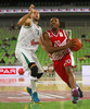 De Marcus Nelson (no.20) of Crvena Zvezda (R) and Nebojsa Joksimovic (no.7) of Union Olimpija (L) during match of 4th round of ABA Basketball League between Union Olimpija, Slovenia, and Crvena Zvezda, Serbia. Match of ABA Basketball League between Union Olimpija, Slovenia, and Crvena Zvezda, Serbia, was played on Sunday, 20th of October 2013 in Stozice arena in Ljubljana, Slovenia.

