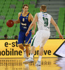 Petteri Koponen (no.8) of Khimki Moscow (L) and Sasu Salin (no.10) of Union Olimpija (R) during match of FIBA basketball Euro Cup match between KK Union Olimpija, Ljubljana, Slovenia, and Khimki Moscow, Russia. Match between Union Olimpija and Khimki Moscow was closed for public as result of incident last season, and was played in Stozice Arena in Ljubljana, Slovenia, on Wednesday, 22nd of October 2014.
