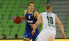 Petteri Koponen (no.8) of Khimki Moscow (L) and Sasu Salin (no.10) of Union Olimpija (R) during match of FIBA basketball Euro Cup match between KK Union Olimpija, Ljubljana, Slovenia, and Khimki Moscow, Russia. Match between Union Olimpija and Khimki Moscow was closed for public as result of incident last season, and was played in Stozice Arena in Ljubljana, Slovenia, on Wednesday, 22nd of October 2014.
