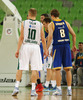 Sasu Salin (no.10) of Union Olimpija (L) and Petteri Koponen (no.8) of Khimki Moscow (R) during match of FIBA basketball Euro Cup match between KK Union Olimpija, Ljubljana, Slovenia, and Khimki Moscow, Russia. Match between Union Olimpija and Khimki Moscow was closed for public as result of incident last season, and was played in Stozice Arena in Ljubljana, Slovenia, on Wednesday, 22nd of October 2014.
