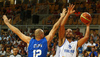 Gerald Lee (no.8) of Finland (R) shooting over Marco Cusin (no.12) of Italy (L) during basketball match of Adecco cup between Finland and Italy. Basketball match of Adecco cup between Finland and Italy was played in Bonifika arena in Koper, Slovenia, on Friday, 21st of August 2015.
