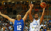 Gerald Lee (no.8) of Finland (R) shooting over Marco Cusin (no.12) of Italy (L) during basketball match of Adecco cup between Finland and Italy. Basketball match of Adecco cup between Finland and Italy was played in Bonifika arena in Koper, Slovenia, on Friday, 21st of August 2015.
