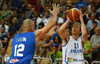 Petteri Koponen (no.11) of Finland (R) shooting over Marco Cusin (no.12) of Italy (L) during basketball match of Adecco cup between Finland and Italy. Basketball match of Adecco cup between Finland and Italy was played in Bonifika arena in Koper, Slovenia, on Friday, 21st of August 2015.
