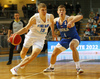 Elias Vaktonen (no.19) of Finland and Ziga Samar (no.4) of Slovenia during basketball match of FIBA Basketball World Cup 2023 Qualifiers between Slovenia and Finland. Basketball match of FIBA Basketball World Cup 2023 Qualifiers between Slovenia and Finland was played in Bonifika arena in Koper, Slovenia, on Monday, 28th of February 2022.