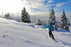 Ski tourer during ski tour in Velika Planina above Kamnik, Slovenia on sunny Saturday, 20th of February 2016.
