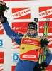 Winner Helena Jonsson of Sweden celebrating her medal won in women 15km individual race of e.on Ruhrgas IBU Biathlon World Cup 2009-10. Women individual race of e.on Ruhrgas IBU Biathlon World Cup was held in Pokljuka, Slovenia, on 17th of December 2009.
