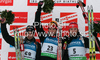 Winner Christoph Sumann of Austria (M), second placed Simon Fourcade of France (L) and third placed Alexander Os of Norway (R) celebrating their medals won in men 20km individual race of e.on Ruhrgas IBU Biathlon World Cup 2009-10. Men individual race of e.on Ruhrgas IBU Biathlon World Cup was held in Pokljuka, Slovenia, on 17th of December 2009.
