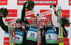 Winner Christoph Sumann of Austria (M), second placed Simon Fourcade of France (L) and third placed Alexander Os of Norway (R) celebrating their medals won in men 20km individual race of e.on Ruhrgas IBU Biathlon World Cup 2009-10. Men individual race of e.on Ruhrgas IBU Biathlon World Cup was held in Pokljuka, Slovenia, on 17th of December 2009.
