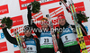 Winner Christoph Sumann of Austria (M), second placed Simon Fourcade of France (L) and third placed Alexander Os of Norway (R) celebrating their medals won in men 20km individual race of e.on Ruhrgas IBU Biathlon World Cup 2009-10. Men individual race of e.on Ruhrgas IBU Biathlon World Cup was held in Pokljuka, Slovenia, on 17th of December 2009.
