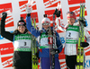 Second placed Magdalena Neuner of Germany, winner Svetlana Sleptsova of Russia and third placed Anna Bogaliy Titovets of Russia celebrating their medals won in women 10km pursuit race of e.on Ruhrgas IBU Biathlon World Cup 2009-10. Women pursuit race of e.on Ruhrgas IBU Biathlon World Cup was held in Pokljuka, Slovenia, on 20th of December 2009.
